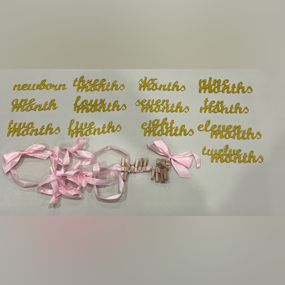 First year banner. Gold sparkling word birthday decorations banner pink ribbons - Picture 3 of 3